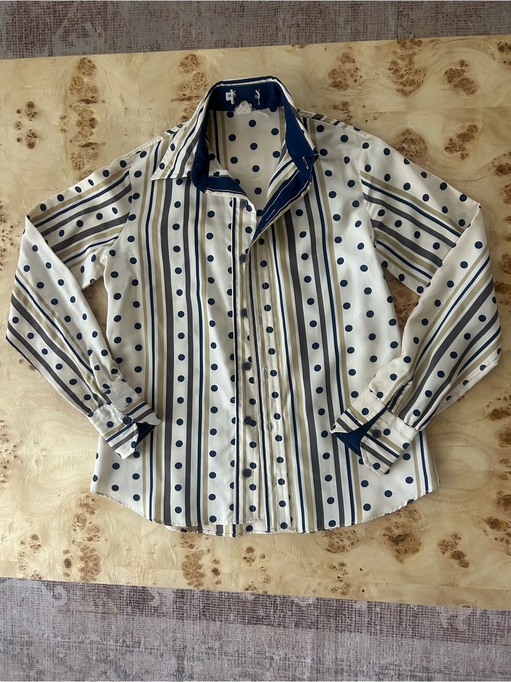 Vintage Polyester White & Navy Polka Dot Stripe Button-Up Shirt